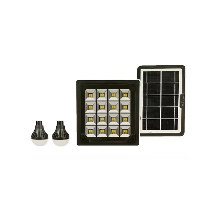 Kit Iluminare Led cu Panou Solar Inclus, 2 Becuri Led, Lampa Solara Portabila, Design Compact, Culoare Negru