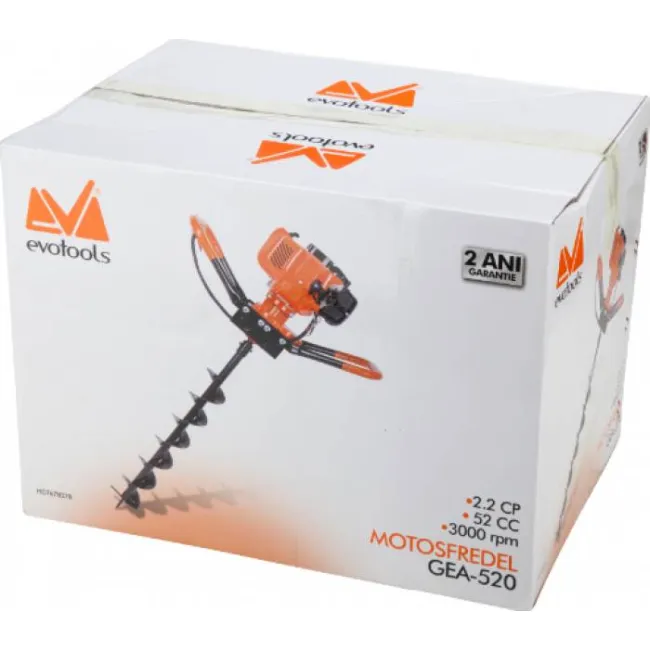 Motoburghiu pamant, Motoforeza Evotools GEA 520 EPTO, pe benzina, 2 timpi, burghiu inclus 150 mm