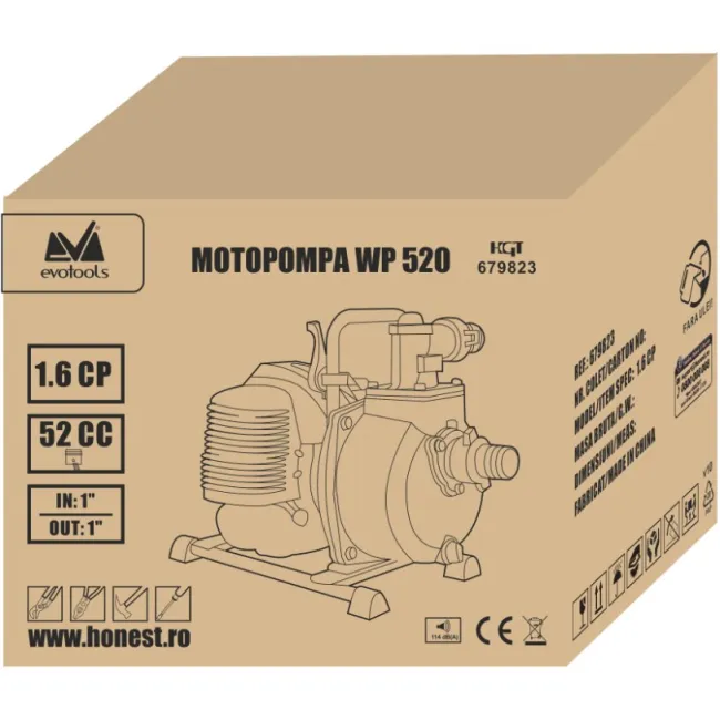 Motopompa WP 520 Evotools, Benzina, 2 Timpi, Diametru intrare/refulare 1 Tol, 133 L/min, 1.6 CP, Refulare 22 M, Autonomie Maxim 40min