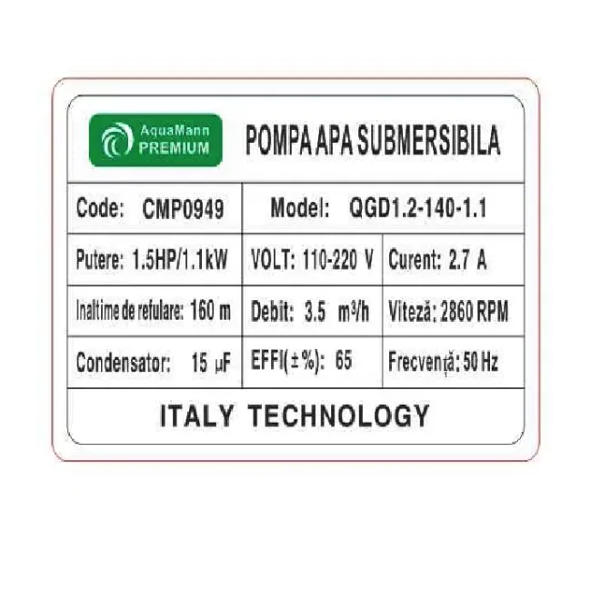 Pompa submersibila ape curate Aquamann Premium CMP0949, 3.5 mc/h, H max. 160 m, 370 W