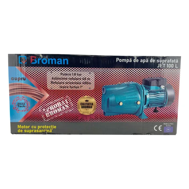 Pompa hidrofor Broman JET100L, 1800 W, 60 l/min, refulare 48 m, aspiratie 9 m, corp fonta