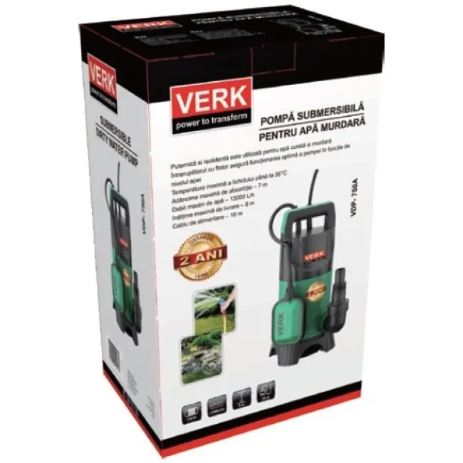 Pompa submersibila ape murdare Verk VDP-750A, cu flotor, 13 mc/h, H max. 7 m, 750 W