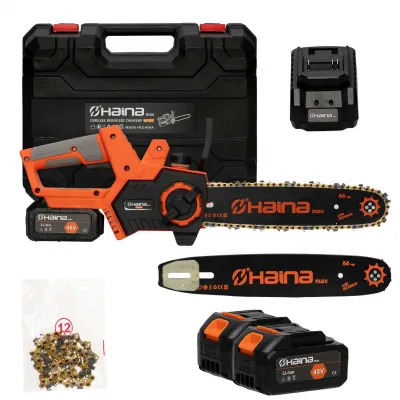 Drujba cu acumulator, Haina H-1253, 2 baterii 48 V Li-ion, 4 AH, 3200 RPM, lungime sina 30 cm Drujba cu acumulator, Haina H-1253, 2 baterii 48 V Li-ion, 4 AH, 3200 RPM, lungime sina 30 cm