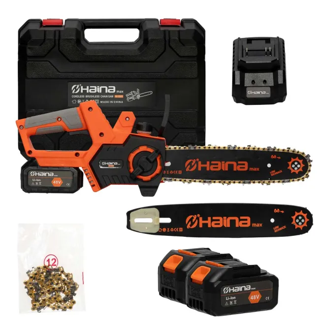 Drujba cu acumulator, Haina H-1253, 2 baterii 48 V Li-ion, 4 AH, 3200 RPM, lungime sina 30 cm Drujba cu acumulator, Haina H-1253, 2 baterii 48 V Li-ion, 4 AH, 3200 RPM, lungime sina 30 cm