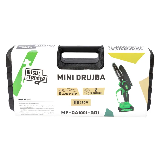 Mini drujba cu acumulator Micul Fermier, 20 V, 1.5 Ah, 1 baterie, valiza transport, cu doua lame 6'' si 8'', doua lanturi