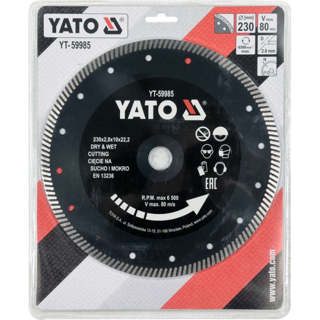 Disc Diamantat de Taiere Continuu, 230x22.2x2mm, Taiere Umeda si Uscata, Yato YT-59985