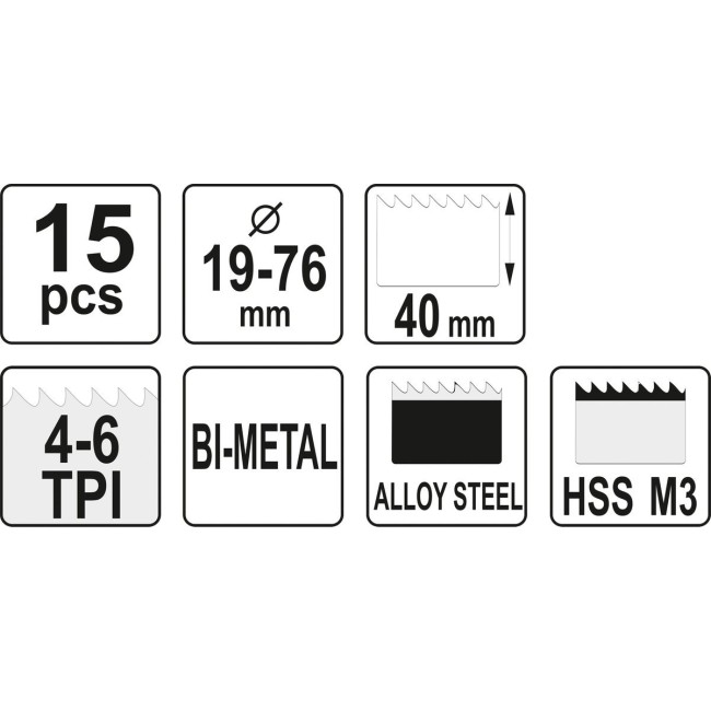 Set Carote BI-METAL, 19 - 76mm, 15buc, YATO YT-3381