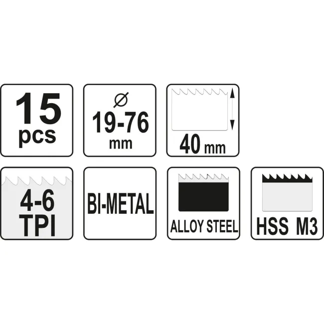 Set Carote BI-METAL, 19 - 76mm, 15buc, YATO YT-3381