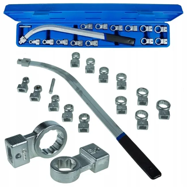 Trusa chei pentru montat tensionat curele distributie, role intinzatoare, chei inelare brat lung, 15 piese Trusa chei pentru montat tensionat curele distributie, role intinzatoare, chei inelare brat lung, 15 piese