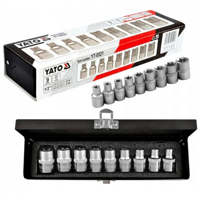 Set capete chei tubulare, Yato YT-0521, profil torx interior E10-E24 mm, patrat 1/2 inch, 9 bucati