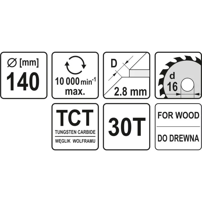 Disc cu Vidia pentru Lemn Diametru 140mm, Interior 16mm, 30 Dinti, YATO YT-6053