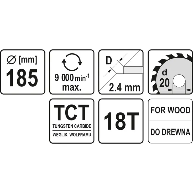 Disc cu Vidia pentru Lemn Diametru 185mm, Interior 20mm, 18 Dinti, YATO YT-6063