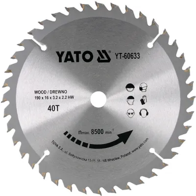 Disc cu Vidia pentru Lemn Diametru 190mm, Interior 16mm, 40 Dinti, YATO YT-60633 Disc cu Vidia pentru Lemn Diametru 190mm, Interior 16mm, 40 Dinti, YATO YT-60633