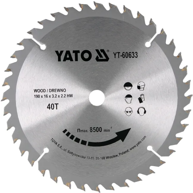 Disc cu Vidia pentru Lemn Diametru 190mm, Interior 16mm, 40 Dinti, YATO YT-60633