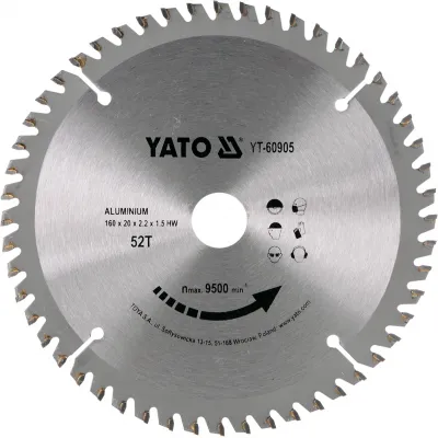 Disc cu Vidia pentru Aluminiu Diametru 160mm, Interior 20mm, 52 Dinti, YATO YT-60905 Disc cu Vidia pentru Aluminiu Diametru 160mm, Interior 20mm, 52 Dinti, YATO YT-60905