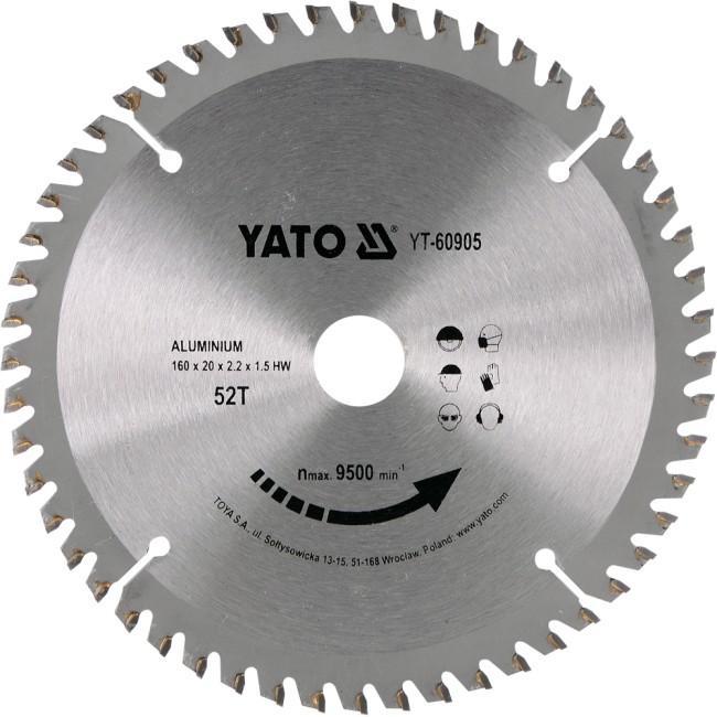 Disc cu Vidia pentru Aluminiu Diametru 160mm, Interior 20mm, 52 Dinti, YATO YT-60905