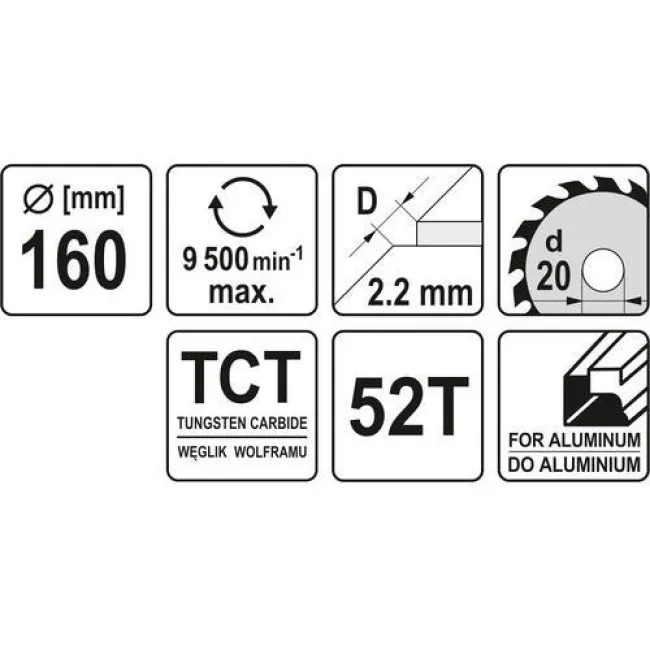 Disc cu Vidia pentru Aluminiu Diametru 160mm, Interior 20mm, 52 Dinti, YATO YT-60905