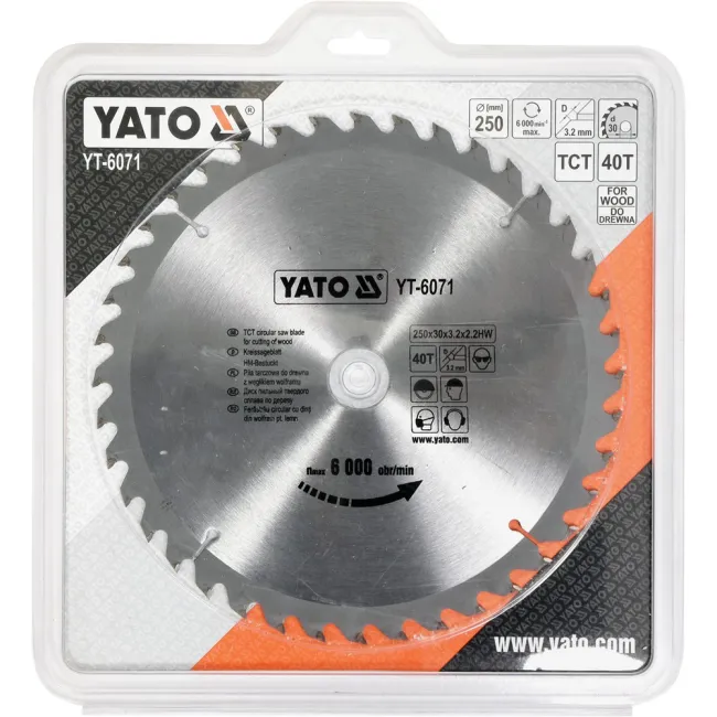 DISC CU VIDIA PENTRU LEMN YATO 250X30 MM, 40T