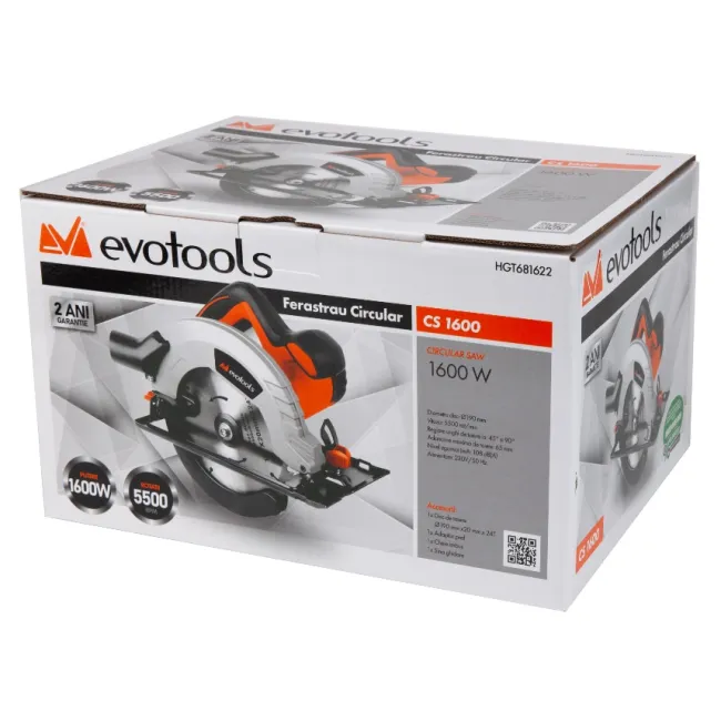 Fierastrau circular Evotools CS 1600W EPTO, 1600 W, 190 mm, 5500 RPM Fierastrau circular Evotools CS 1600W EPTO, 1600 W, 190 mm, 5500 RPM