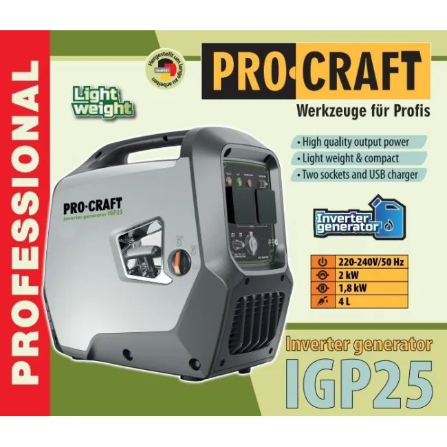 Generator invertor Procraft IGP25, 4 Timpi, monocilindric, cu racire fortata cu aer, capacitate 1800 W