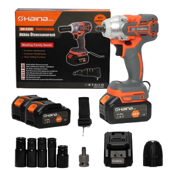Masina de insurubat, cu impact, Haina HM-6499, 2 acumulatori, 48 V, 4 Ah, Li-Ion, 680 Nm, 4 tubulare incluse + mandrina Masina de insurubat, cu impact, Haina HM-6499, 2 acumulatori, 48 V, 4 Ah, Li-Ion, 680 Nm, 4 tubulare incluse + mandrina