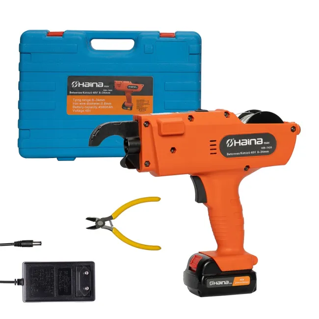 Masina de legat fier-beton, Haina HM-7420, 8-34 mm, cu 2 acumulatori 48 V, 4500 mAh, 0.8 mm grosime sarma Masina de legat fier-beton, Haina HM-7420, 8-34 mm, cu 2 acumulatori 48 V, 4500 mAh, 0.8 mm grosime sarma
