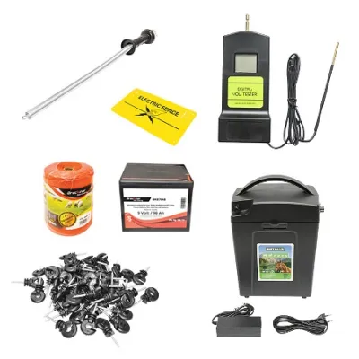 Kit complet gard electric 9/12V, 0,7 Joule, lungime fir 500m, 100 izolatori, manere poarta, placuta avertizare si baterie uscata (nereincarcabila) 9V/90Ah Breckner Germany Kit complet gard electric 9/12V, 0,7 Joule, lungime fir 500m, 100 izolatori, manere poarta, placuta avertizare si baterie uscata (nereincarcabila) 9V/90Ah Breckner Germany