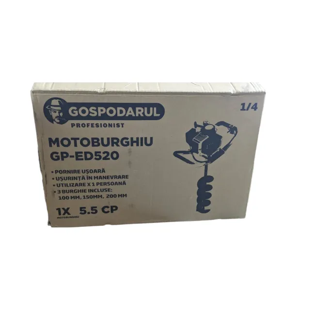 Motoburghiu pamant, Motoforeza Gospodarul Profesionist GP-ED520, pe benzina, 2 timpi, 5.5 CP, 3 burghie incluse (100mm, 150mm, 200mm)