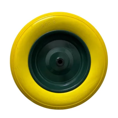 Roata roaba fara camera din poliuretan cu janta metalica 3.50-8, ax subtire 14 mm, galbena/verde