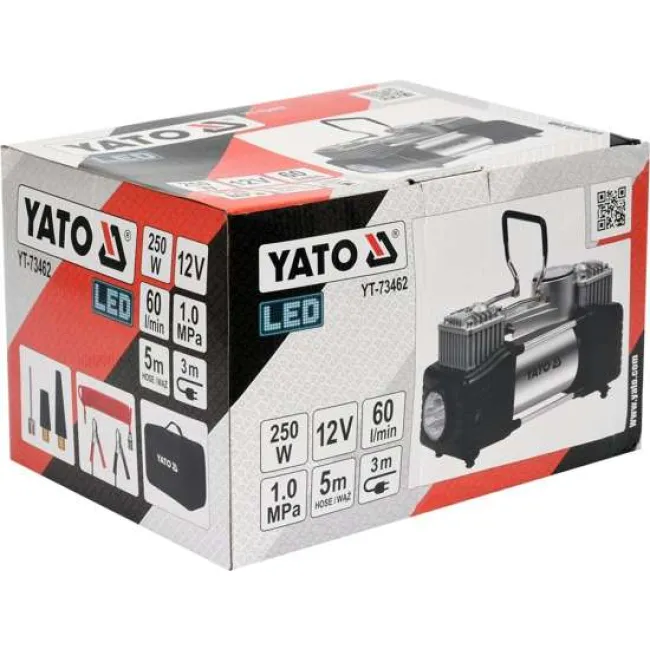 Compresor aer, auto, Yato YT-73462, 10 bar, 12 V, 250 W, buton On/Off, manometru analog, debit aer 60 l/min, adaptoare incluse