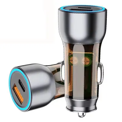 Incarcator auto PowerDelivery 20W, Qualcomm 3.0, 1 USB-A + 1 USB-C 53W, indicator led, gri transparent Incarcator auto PowerDelivery 20W, Qualcomm 3.0, 1 USB-A + 1 USB-C 53W, indicator led, gri transparent