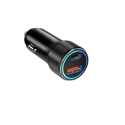 Incarcator auto PowerDelivery 20W, super charge 22.5W, 1 USB-A + 1 USB-C 42.5W, smart chip, protectie baterie, indicator led 12-32v, negru