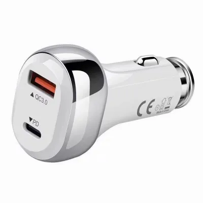 Incarcator auto PowerDelivery 30W, Qualcomm 3.0, 1 USB-A + 1 USB-C 48W, smart chip, protectie baterie, 12-32v, alb