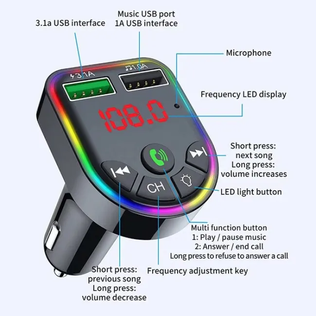 Modulator Auto Fm, Bluetooth, 24V, 2X USB-A, Line-in, Incarcare Rapida, Rainbow Led