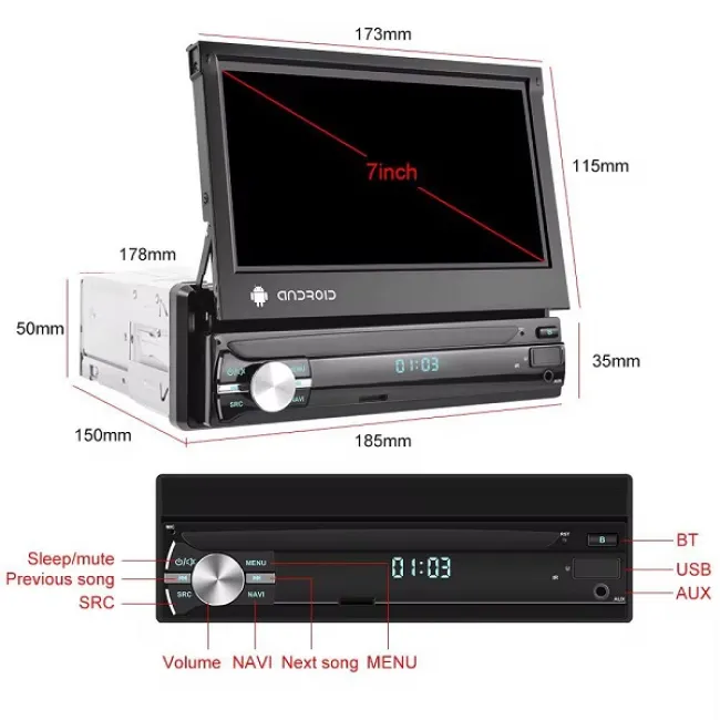 MP5 Player auto cu display retractabil, Android 13, 1DIN, Radio FM, GPS, Ecran 7'', 12v, Bluetooth, aux, 60Wx4 MP5 Player auto cu display retractabil, Android 13, 1DIN, Radio FM, GPS, Ecran 7'', 12v, Bluetooth, aux, 60Wx4