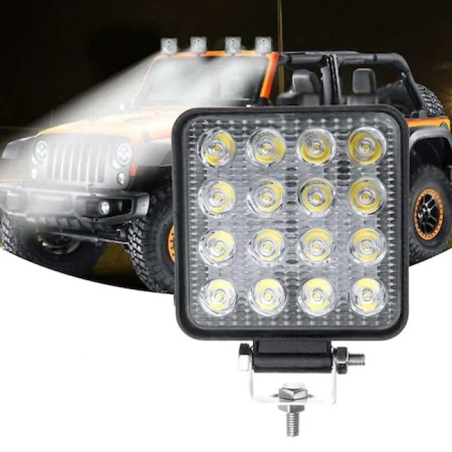 Proiector LED Auto, Offroad, 48W, 12V-24V, 1800 Lumeni, Patrat, 16 Leduri, Flood Beam