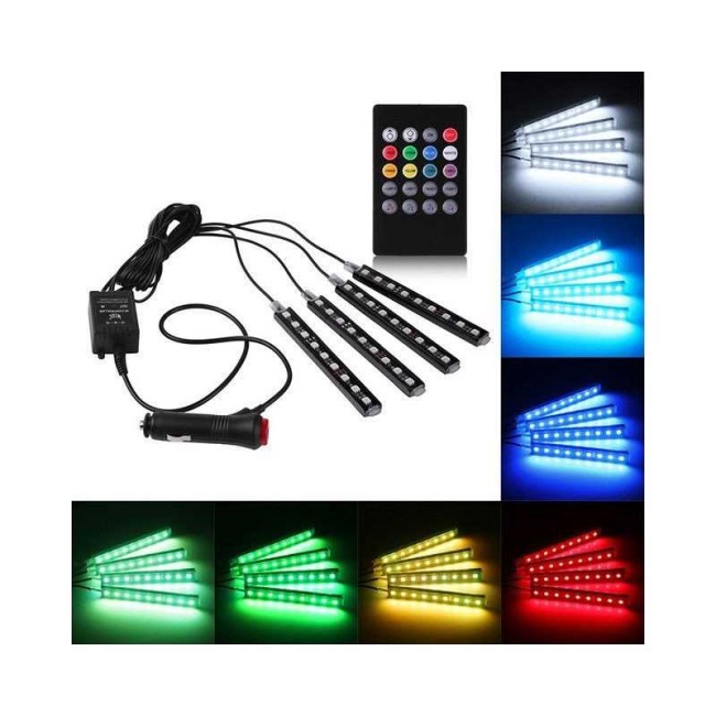 Kit 4 Benzi LED RGB Autoadezive cu Telecomanda si Functie Sonora, 12 Leduri