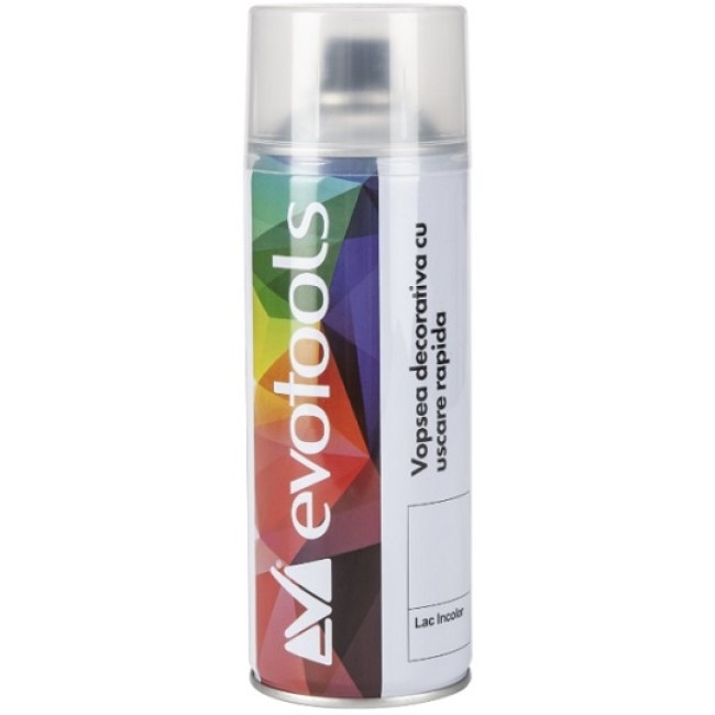 Spray vopsea cu uscare rapida, lac incolor, volum 400 ml, Evotools