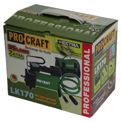 Compresor aer, auto, Procraft LK170, 7 bar, 12 V, 170 W, buton On/Off, manometru analog, debit aer 35 l/min, adaptoare incluse Compresor aer, auto, Procraft LK170, 7 bar, 12 V, 170 W, buton On/Off, manometru analog, debit aer 35 l/min, adaptoare incluse